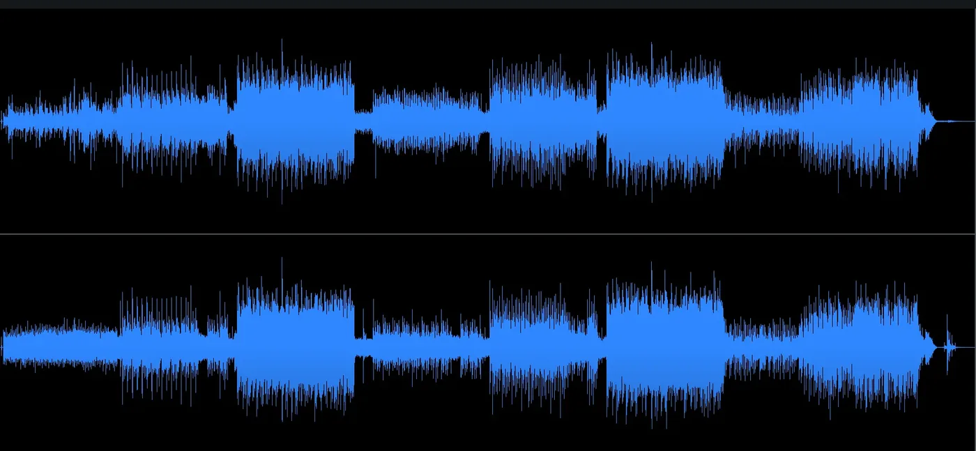 A full, clean stereo waveform — the recovered audio as a playable WAV.